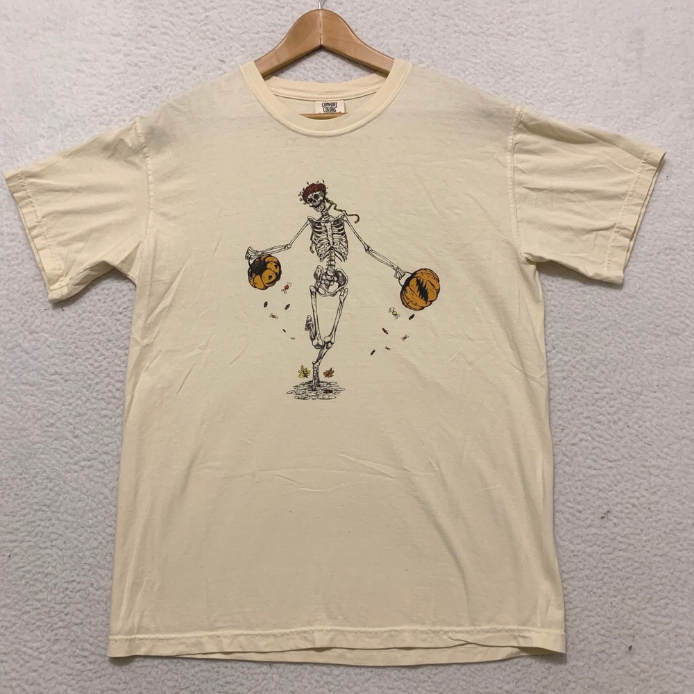 Comfort Colors Grateful Dead Halloween Skeleton Pumpkin T-Shirt Mens M Cream